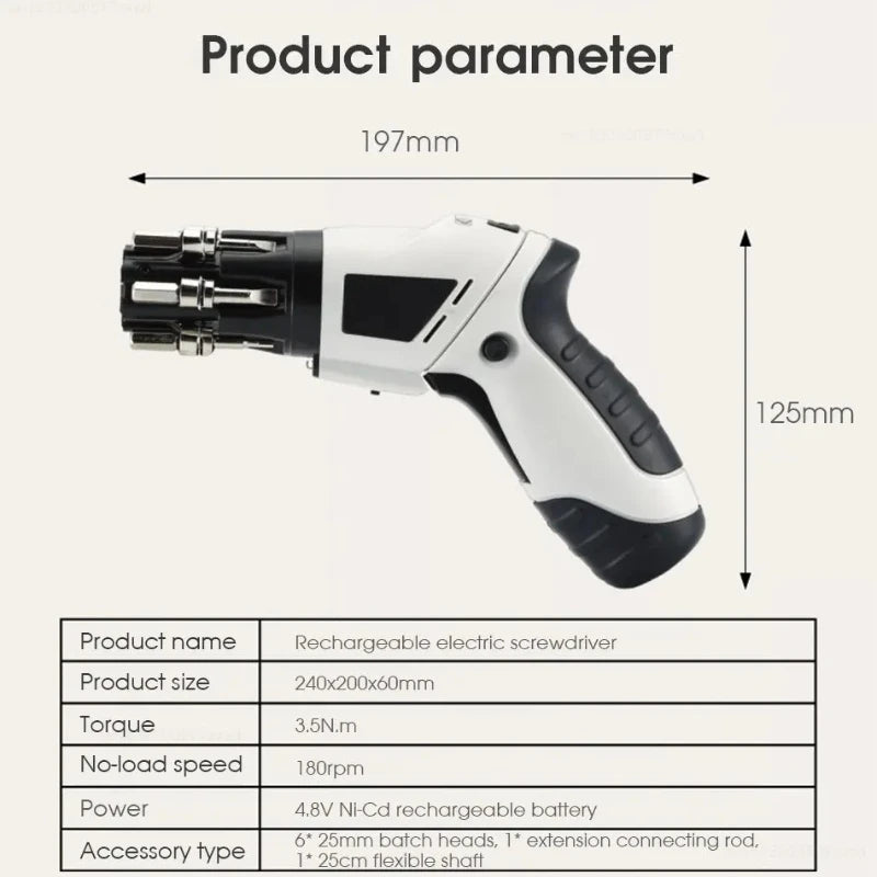 The maker's parameter table: 3.5 N·m, 180 rpm, 4.8 V Ni-Cd battery, 197 mm long