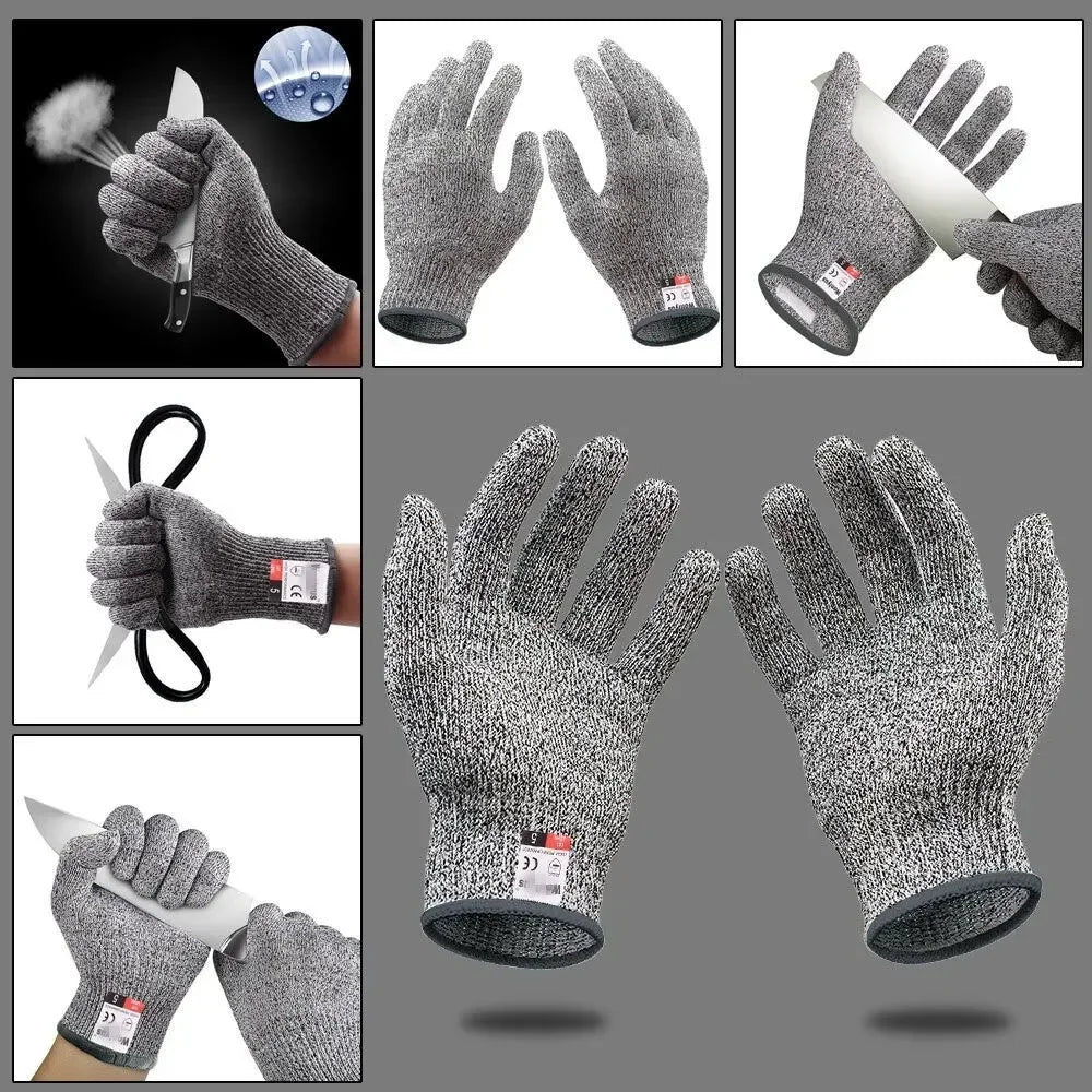 Maker's photos of the gloves with a knife, a rope test and a flat pair