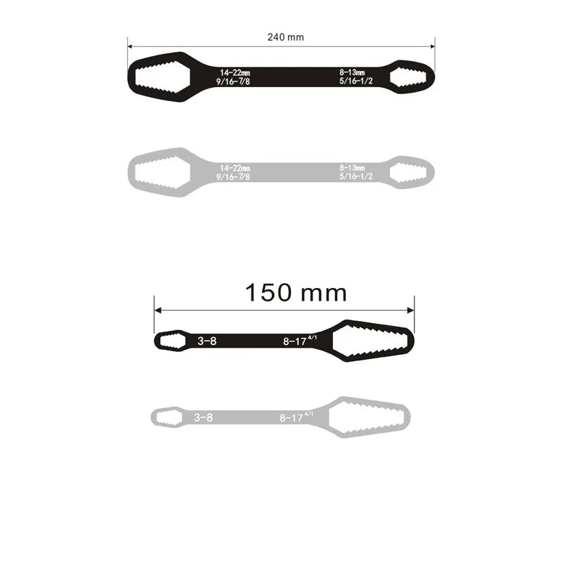 Universal Self-Tightening Wrench Set — Two Double-Ended Spanners, 3–22 mm Jaws