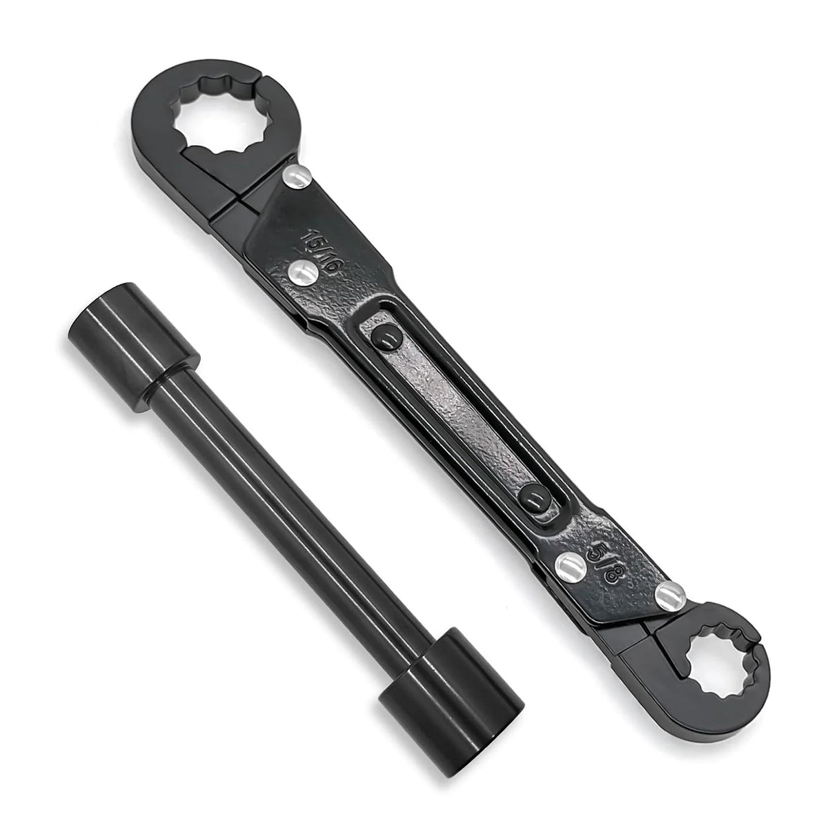 The two wrenches on their own: the ratcheting angle-on wrench and the double-ended socket bar