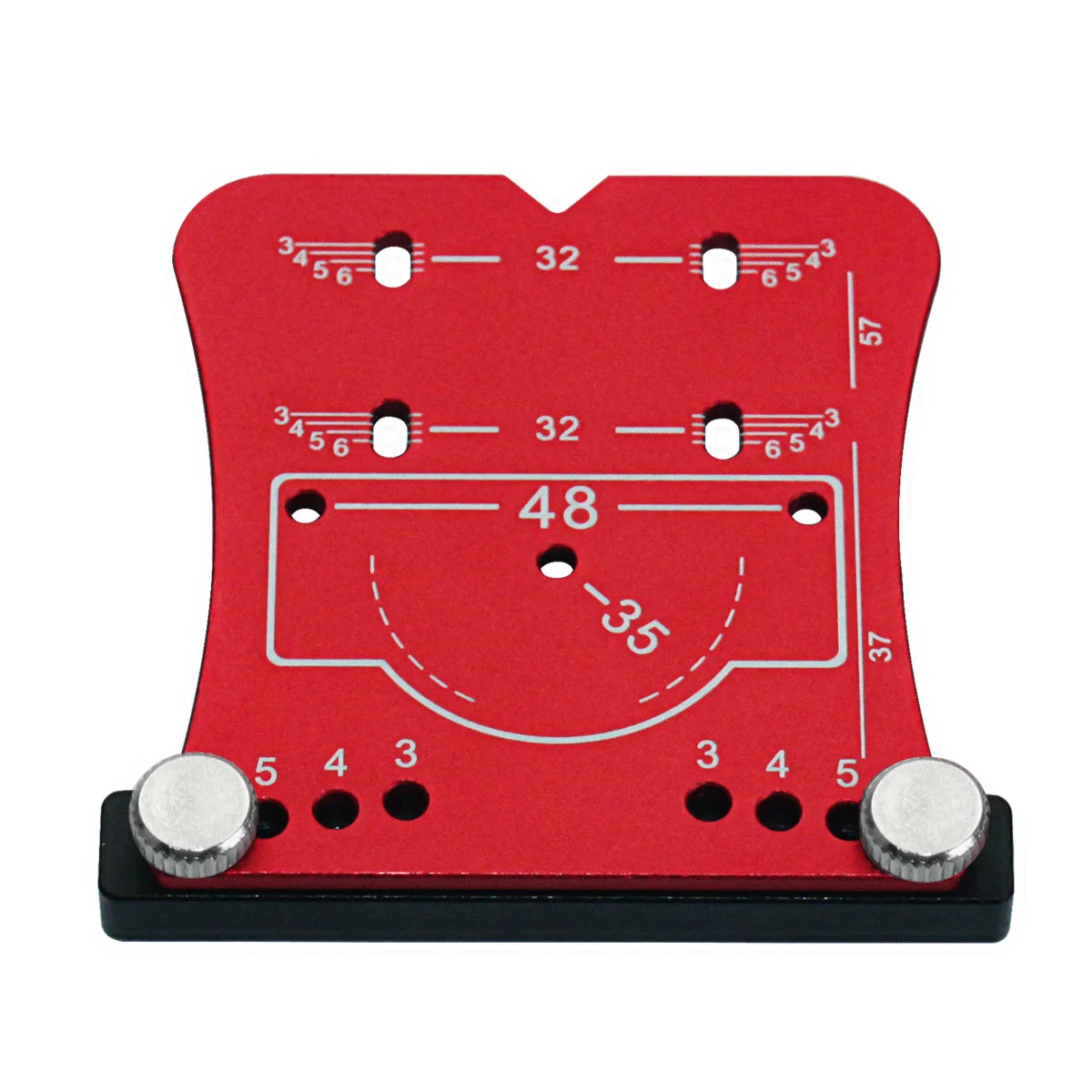 The red jig on its own, with the black fence rail and two thumb screws
