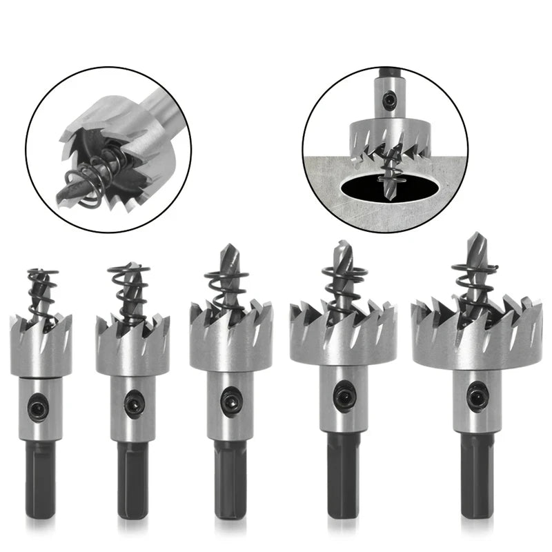 The five cutters stood upright, showing the teeth and the grub screw