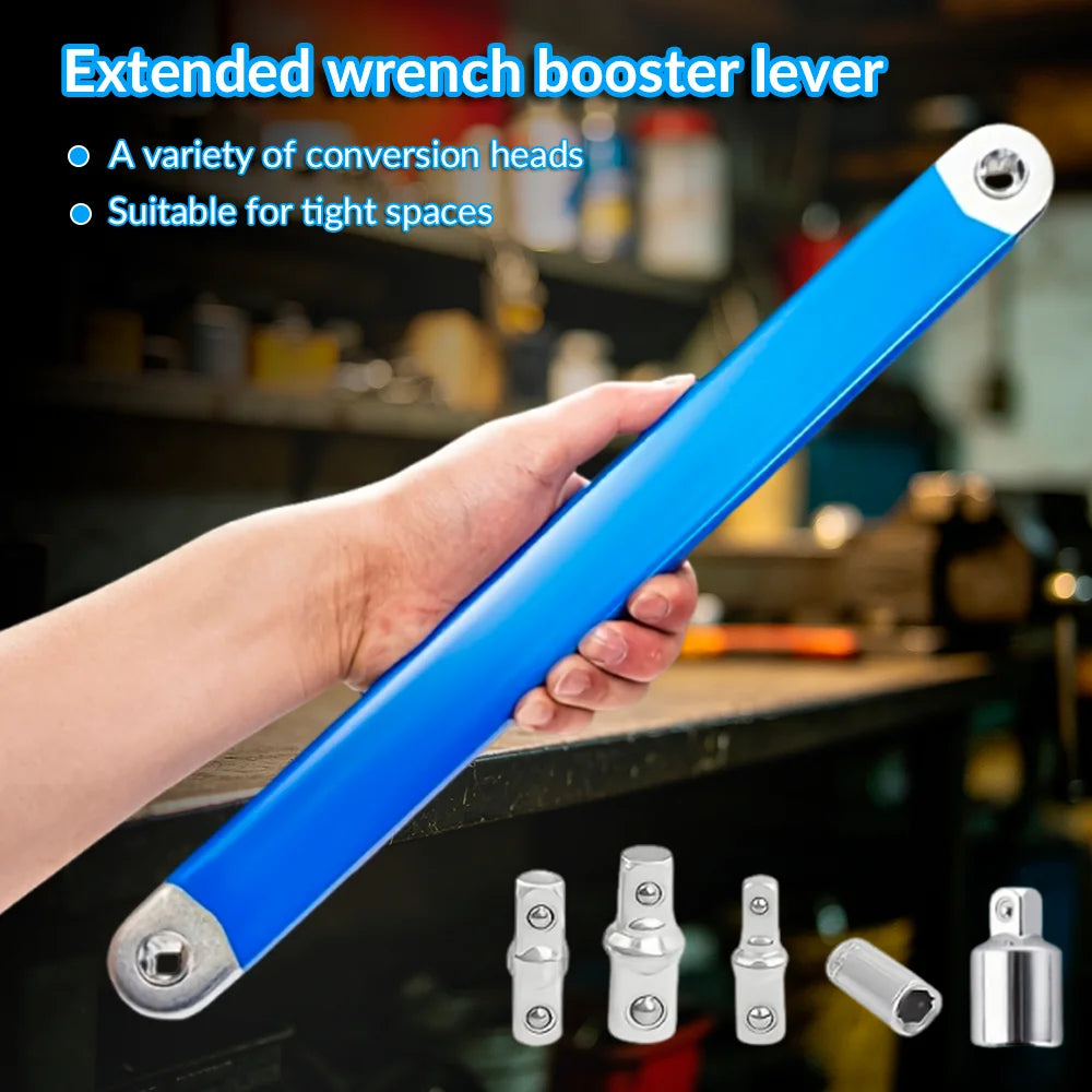 The extension wrench held in one hand, with the five adapters in front