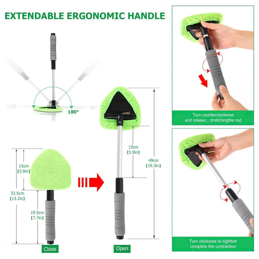 The maker's drawing: the head pivots 180°, the handle twists out from 33.5 cm to 49 cm
