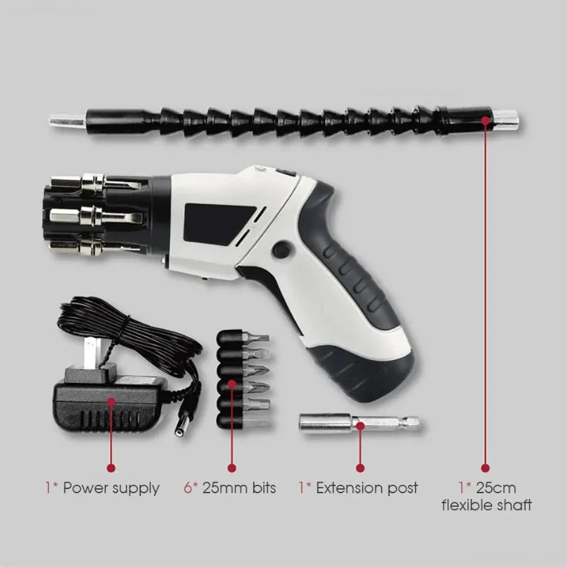 What comes in the box: the screwdriver, a mains charger, six 25 mm bits, an extension post and a 25 cm flexible shaft