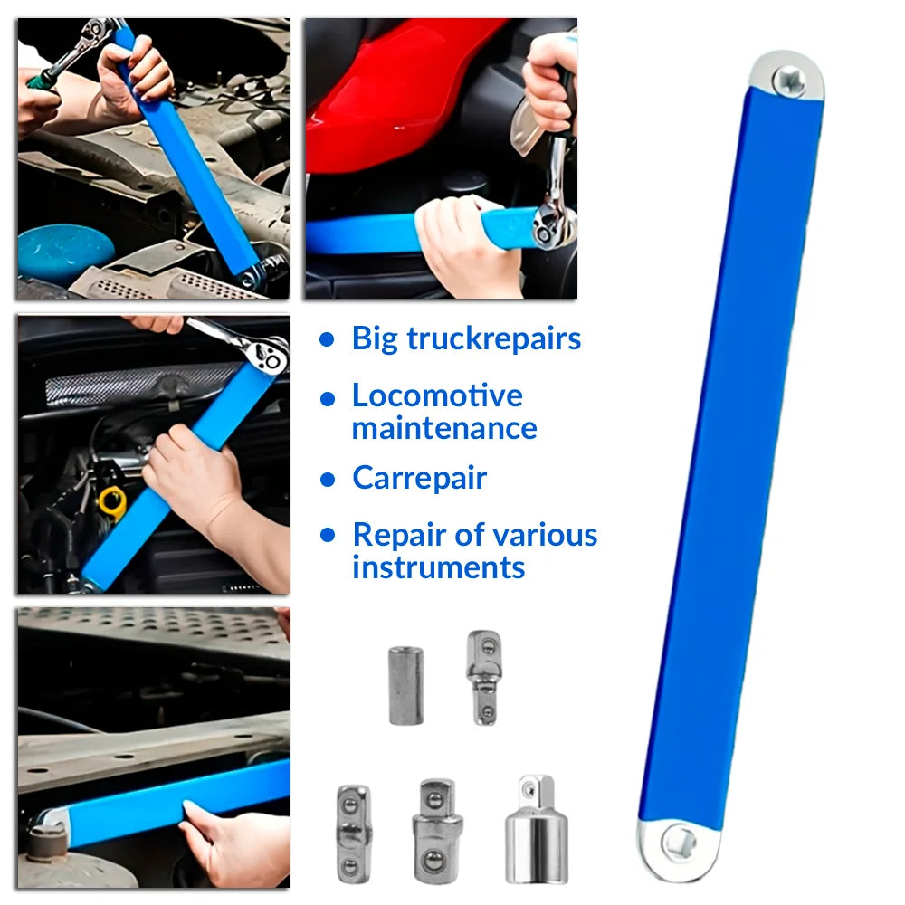 Maker's photos of the extension wrench used under a car hood and on machinery