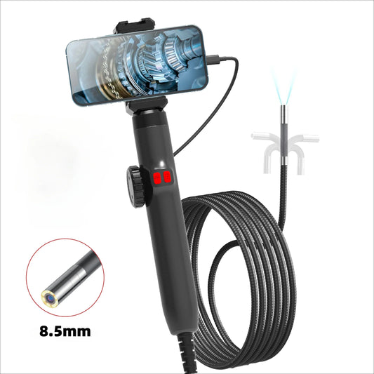 The 8.5 mm borescope with a phone clamped to the handle and the 1 m probe coiled beside it