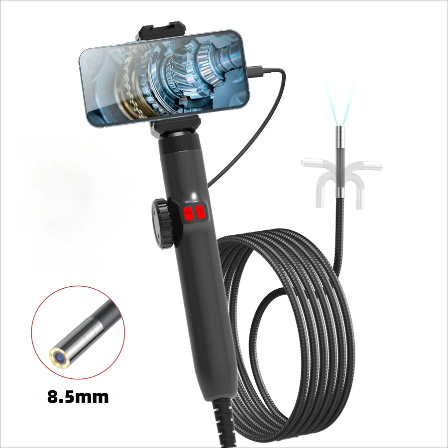 The 8.5 mm borescope with a phone clamped to the handle and the 1 m probe coiled beside it