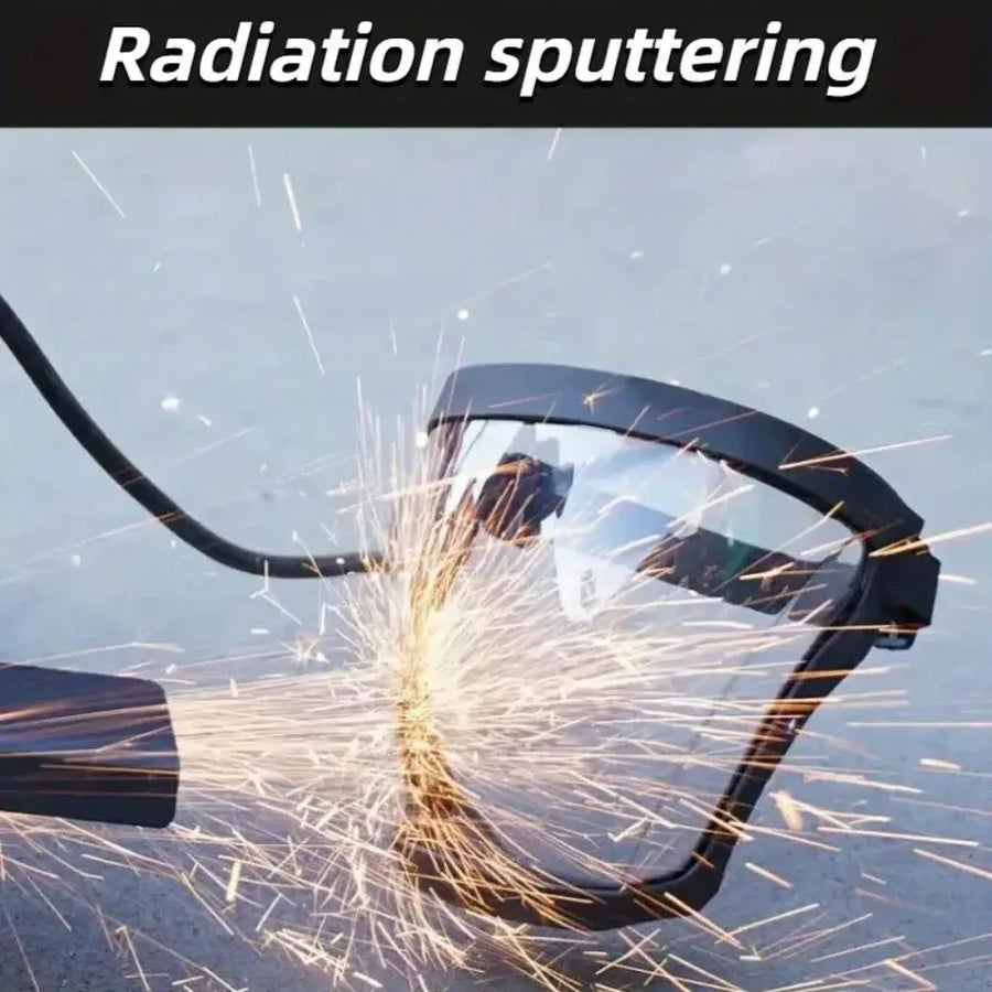 The maker's photo of the clear shield beside a grinding wheel
