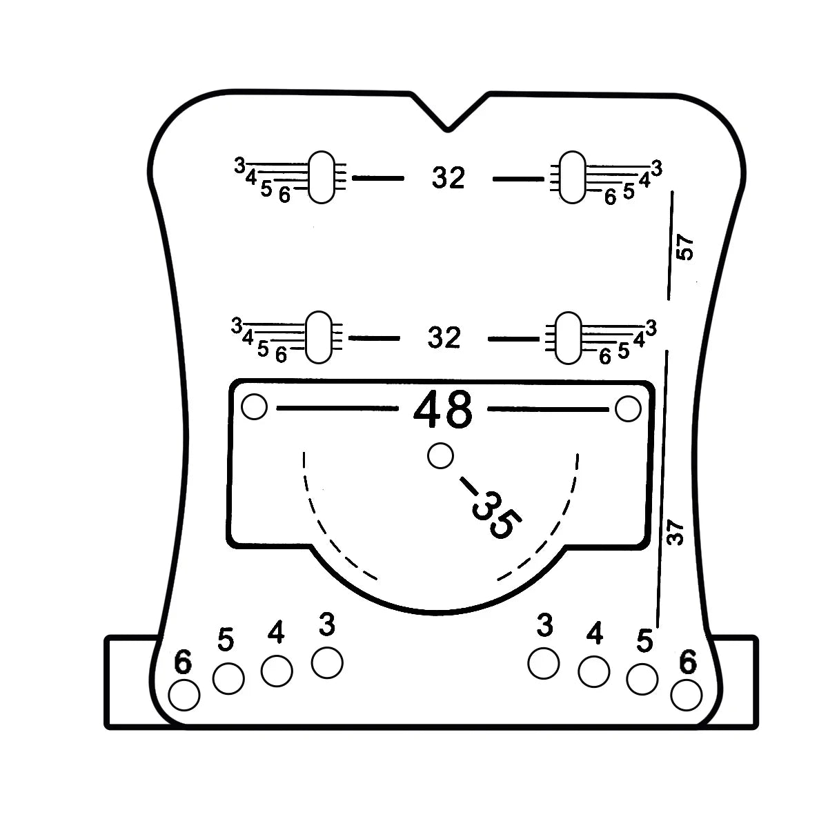 The hole pattern: a 35 mm cup with its two fixing screws 48 mm apart, and the mounting-plate screws on the 32 mm system