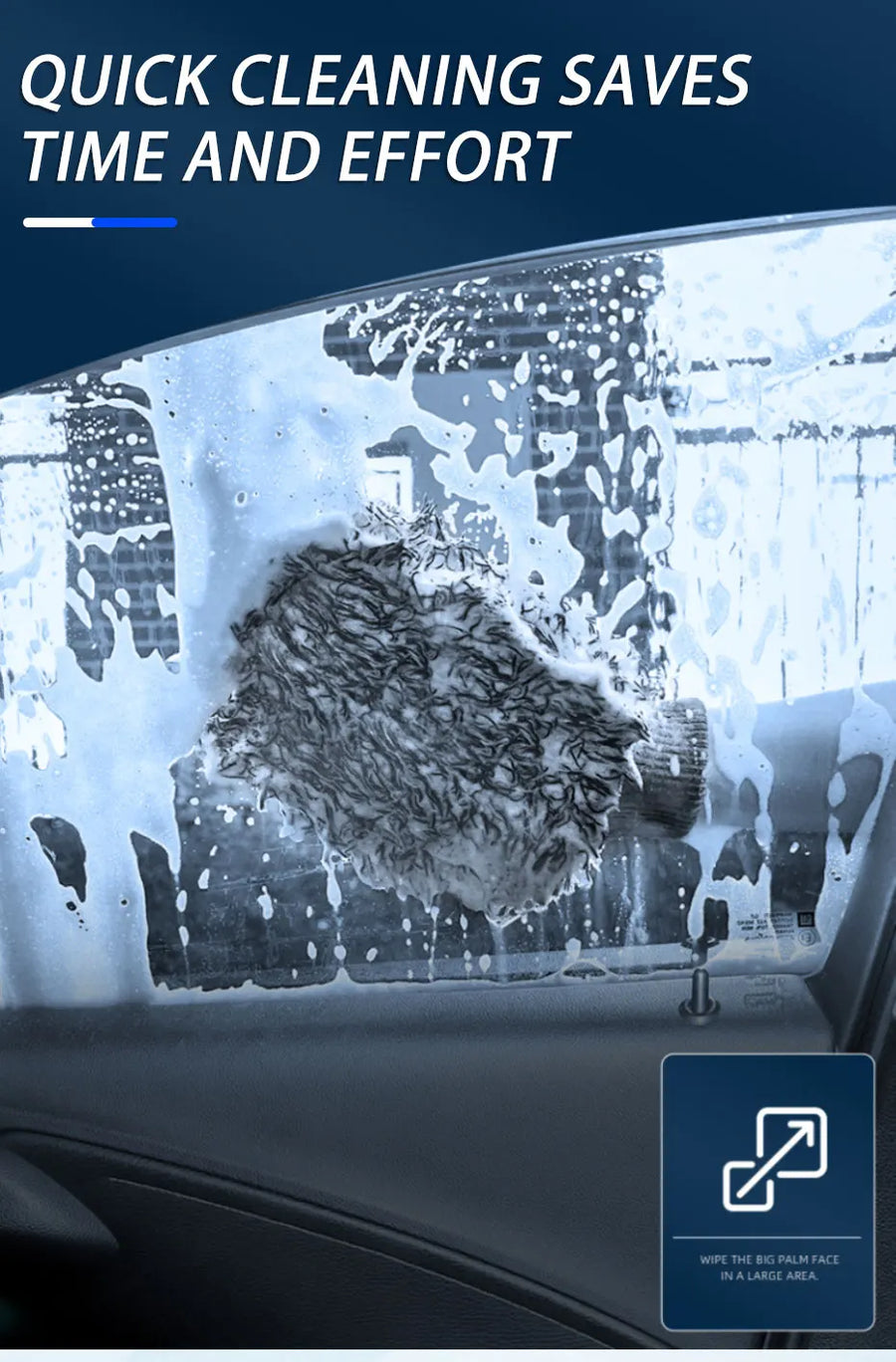 The wash mitt wiping soap down a car door