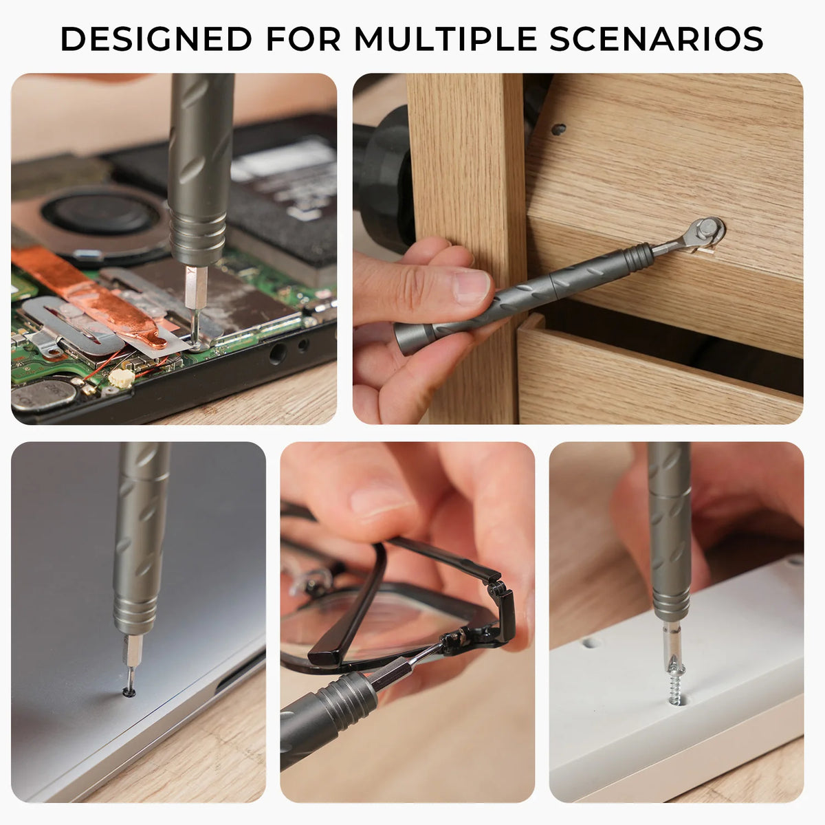 Used on a laptop, a cabinet hinge, eyeglasses and small household screws