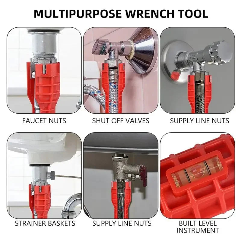 The wrench turning faucet nuts, shut-off valves, supply-line nuts and a strainer basket