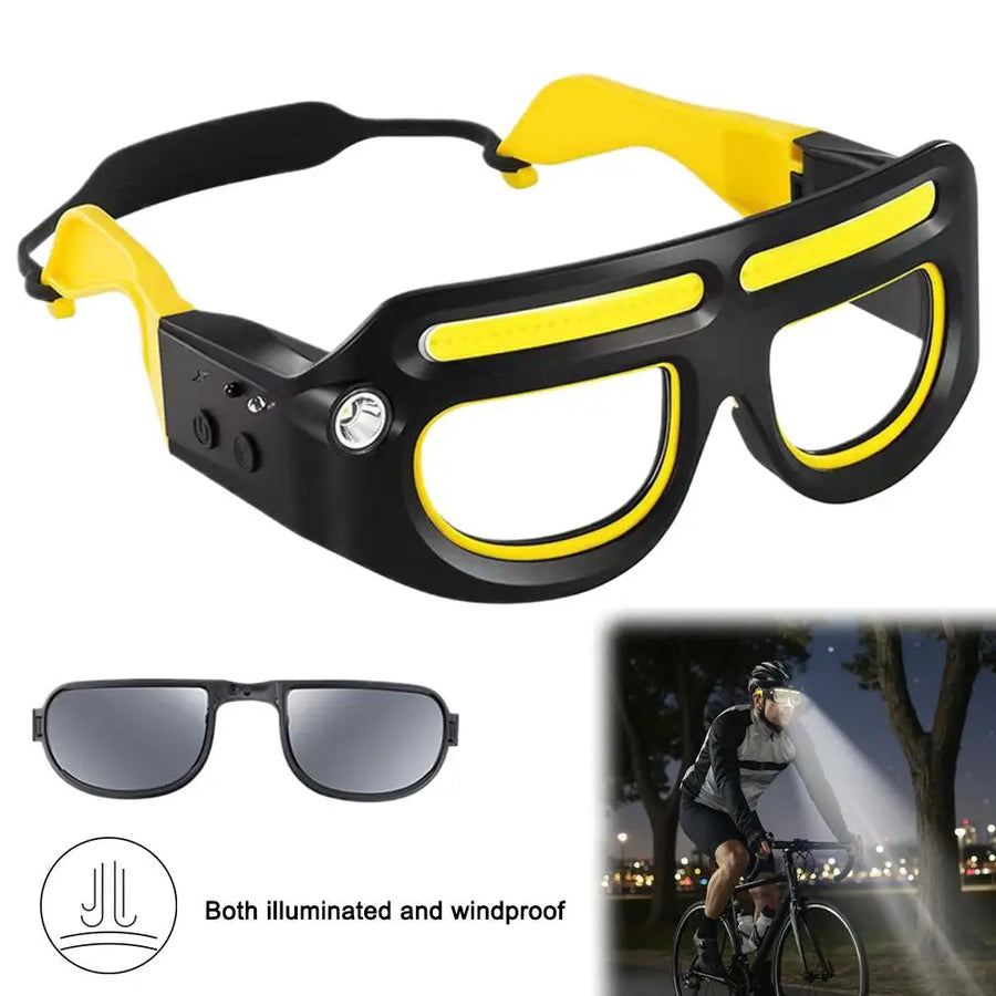 The clear frame and the dark shade lens together — lit and windproof
