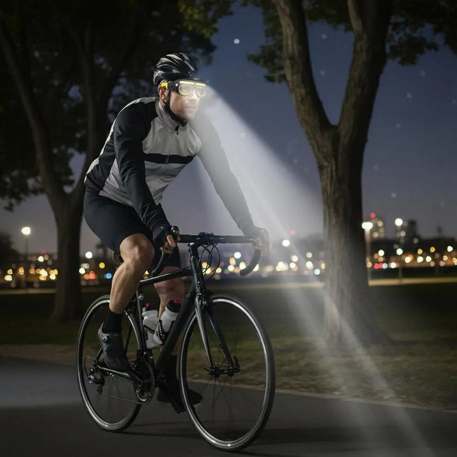 Riding at night with the beam thrown forward down the road
