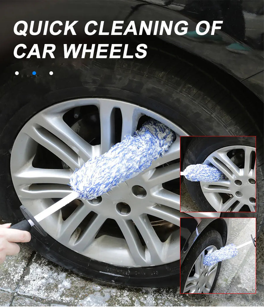 The blue wheel brush cleaning a soapy alloy wheel, with close-ups between the spokes