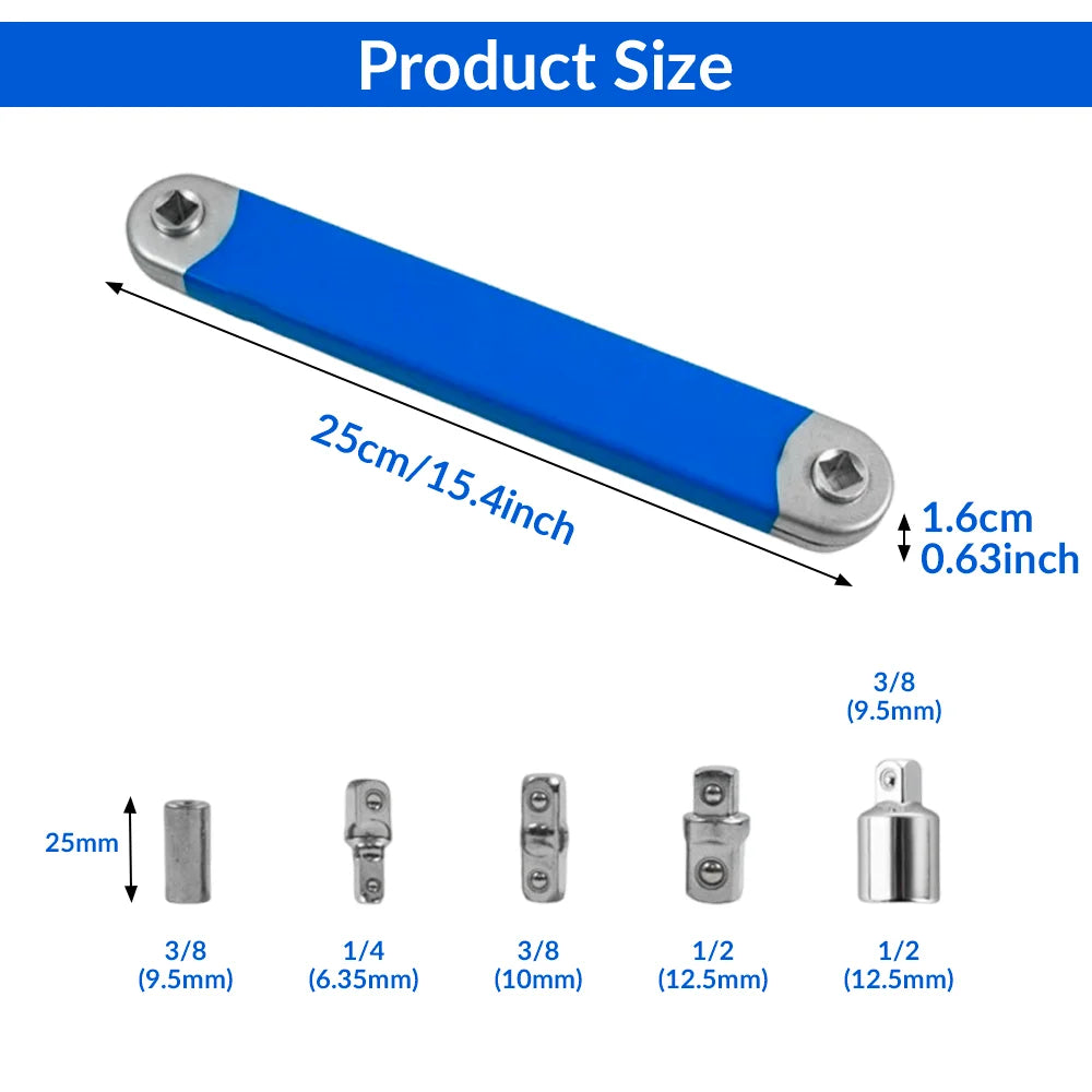 Maker's size drawing of the wrench and the five adapters with their drive sizes