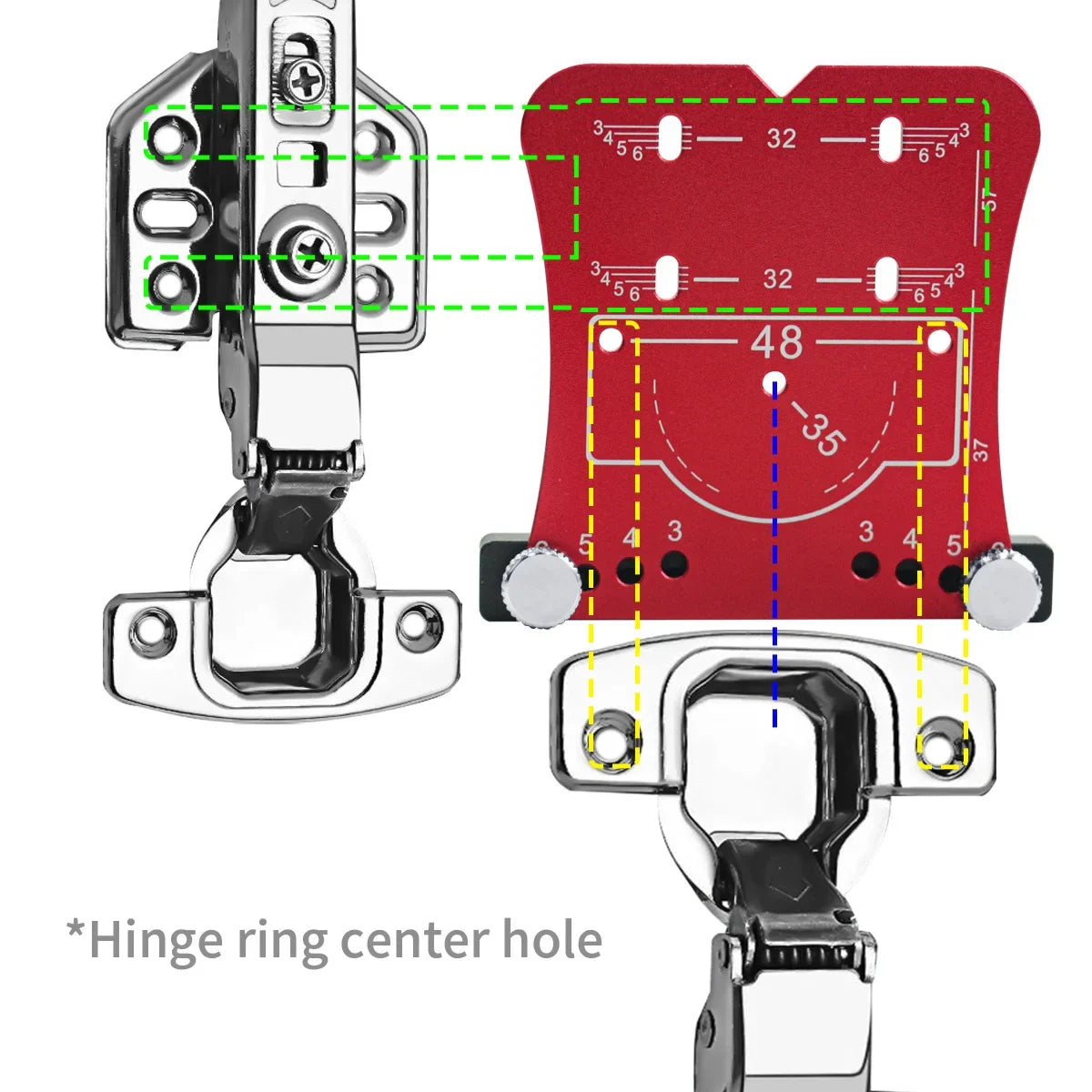 How the jig lines up with a concealed hinge and its mounting plate