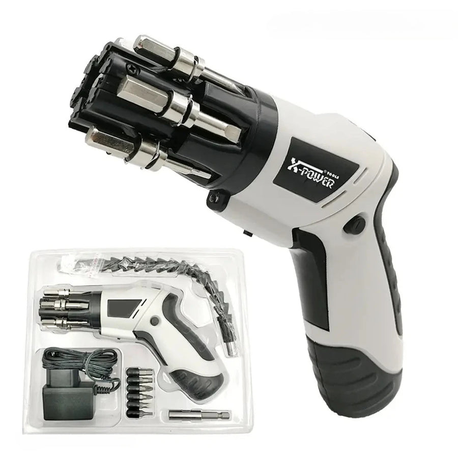 The screwdriver beside its tray, with the bits, charger and flexible shaft