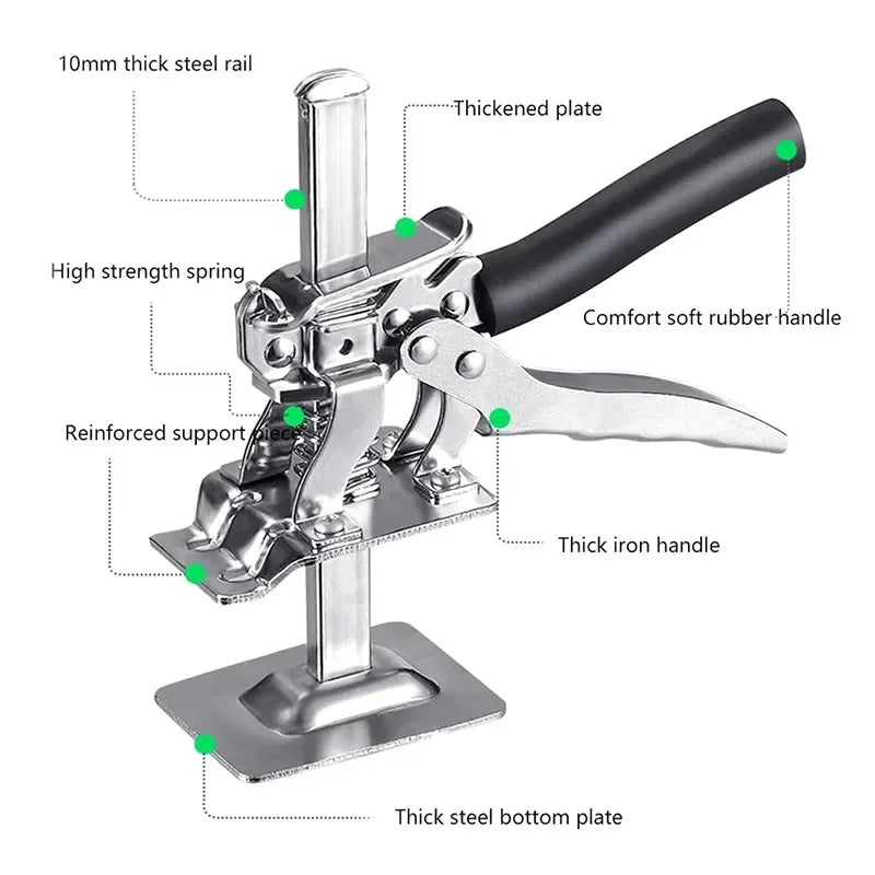 The parts called out by the maker: steel rail, thickened top plate, spring, rubber handle, reinforced support and steel bottom plate