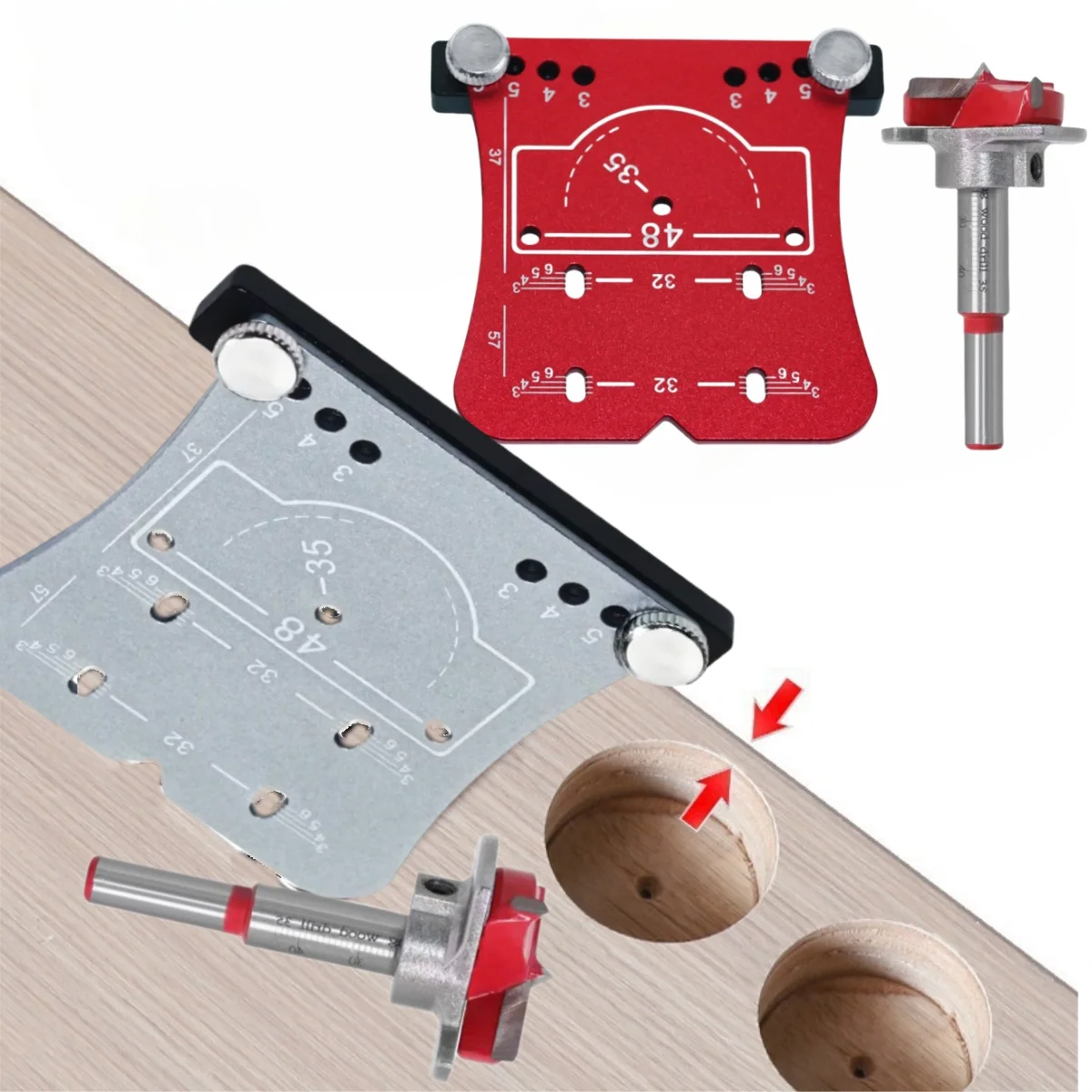 The jig clamped on a door with the Forstner bit cutting the cup hole