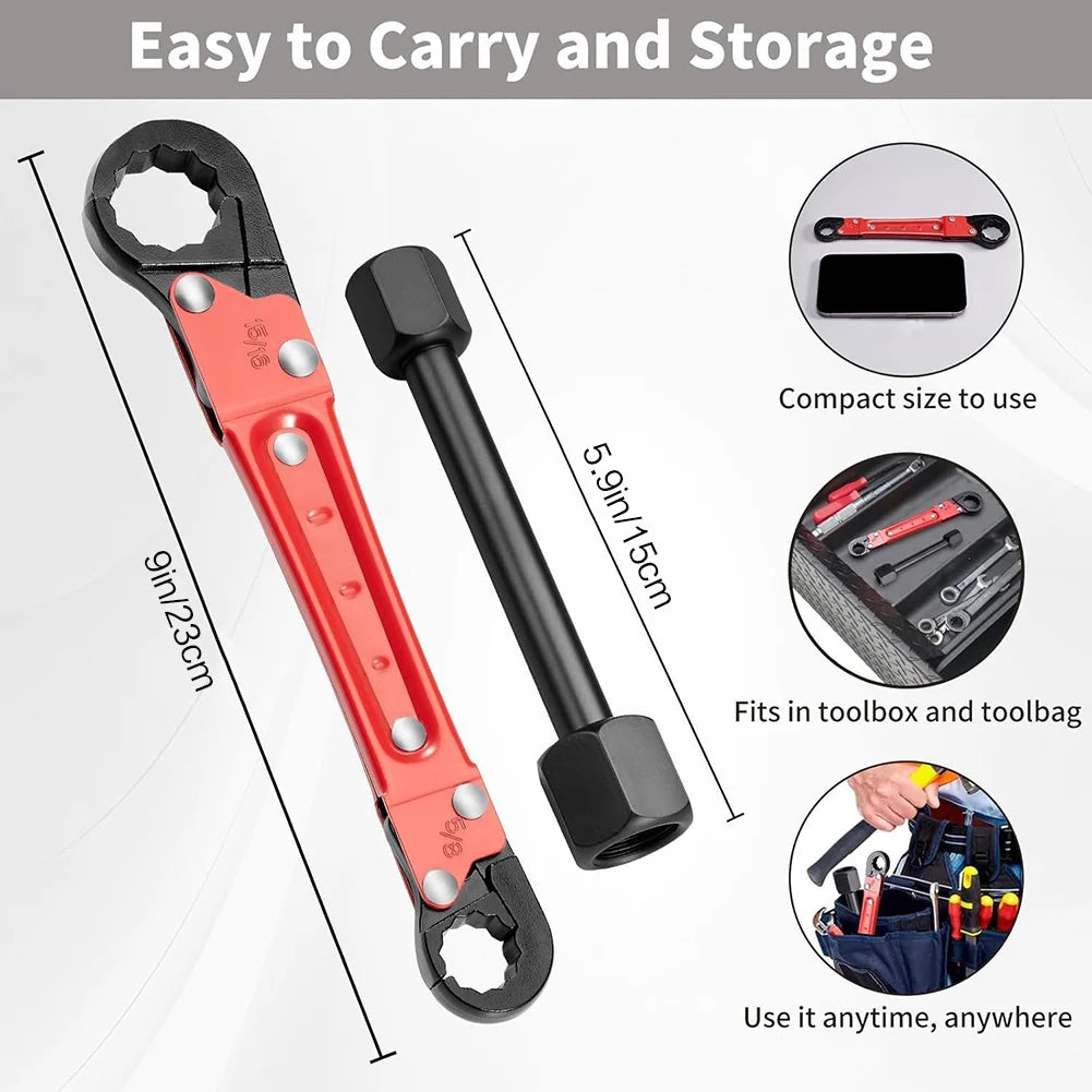 Sizes: 23 cm (9 in) wrench and 15 cm (5.9 in) bar, both flat enough for a toolbag