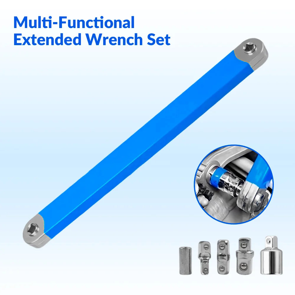 The extension wrench and five adapters, with an inset of the bar end driving a socket on a bolt