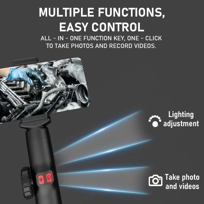 The two buttons on the handle: one takes stills and video, the other sets the LED brightness