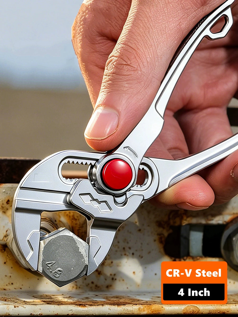 The silver pliers with smooth jaws closed on a hex bolt head, held in one hand; the maker's badge reads CR-V Steel, 4 Inch