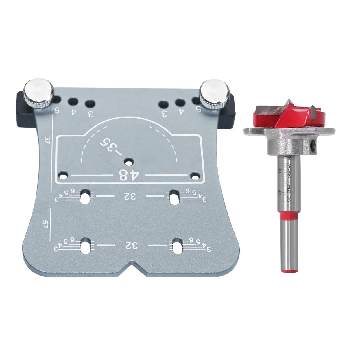 The silver jig with the 35 mm Forstner bit