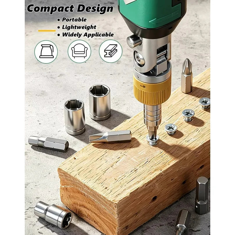 Driving a Phillips screw into a wood block, with sockets and bits beside it