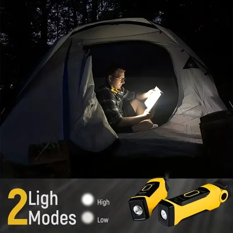 Two brightness levels, high and low, shown reading inside a tent