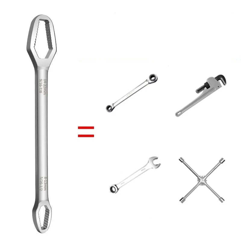 Universal Self-Tightening Wrench Set — Two Double-Ended Spanners, 3–22 mm Jaws