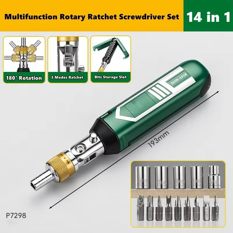The screwdriver with its 8 bits, socket adapter and 5 sockets from 6 to 10 mm