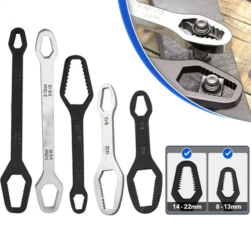 Universal Self-Tightening Wrench Set — Two Double-Ended Spanners, 3–22 mm Jaws