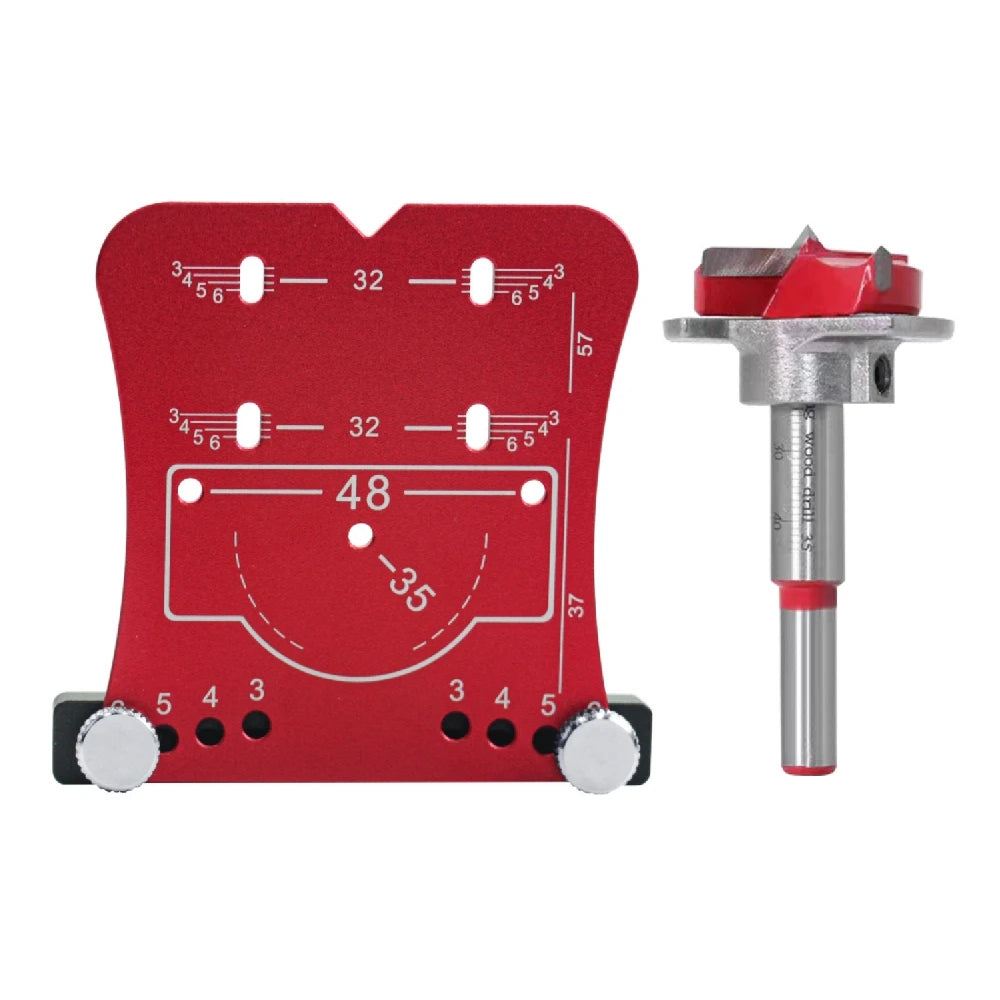 The red jig with the 35 mm Forstner bit that comes in the jig-plus-bit option