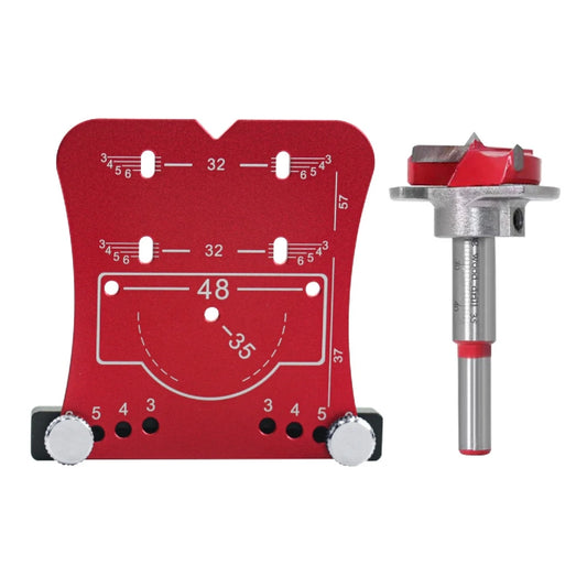The red jig with the 35 mm Forstner bit that comes in the jig-plus-bit option