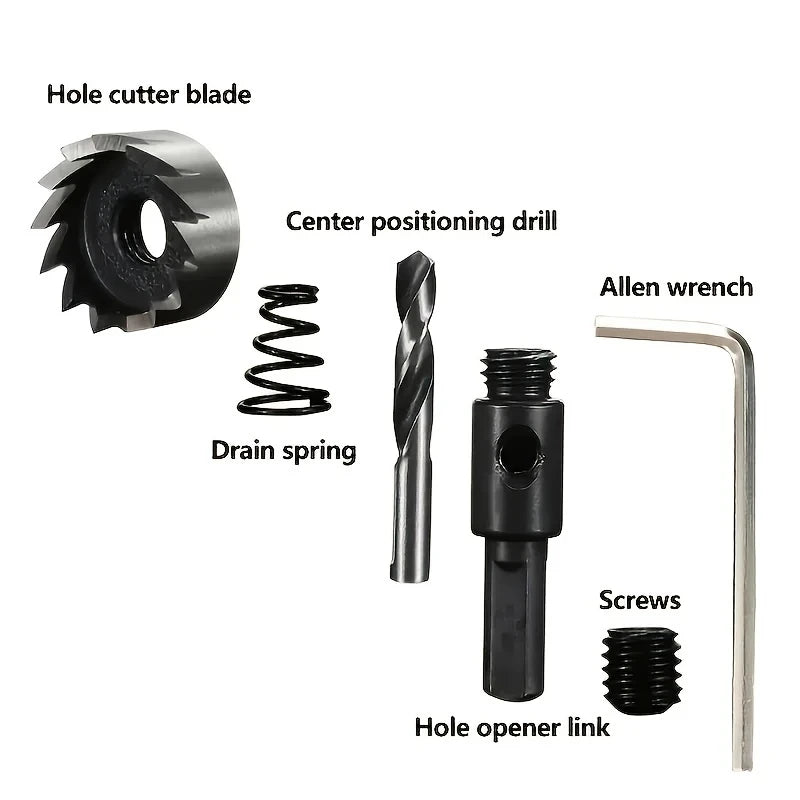 What one cutter is made of: blade, ejector spring, pilot drill, arbor, grub screw and hex key