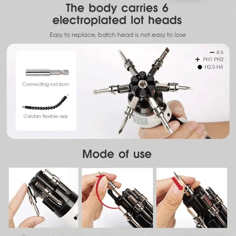 The six bits in the nose — slotted 4 and 6 mm, Phillips PH1 and PH2, hex H2.5 and H4 — and how to turn the drum and pull one out