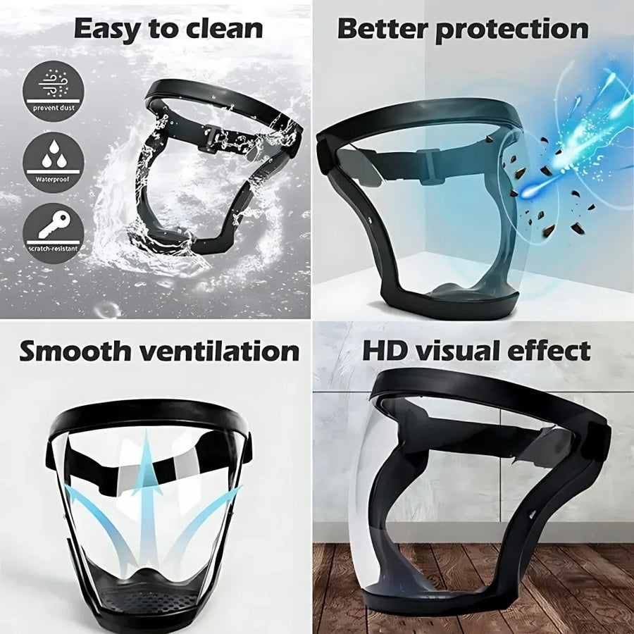Four views of the shield: cleaning, the vented chin, and the clear visor