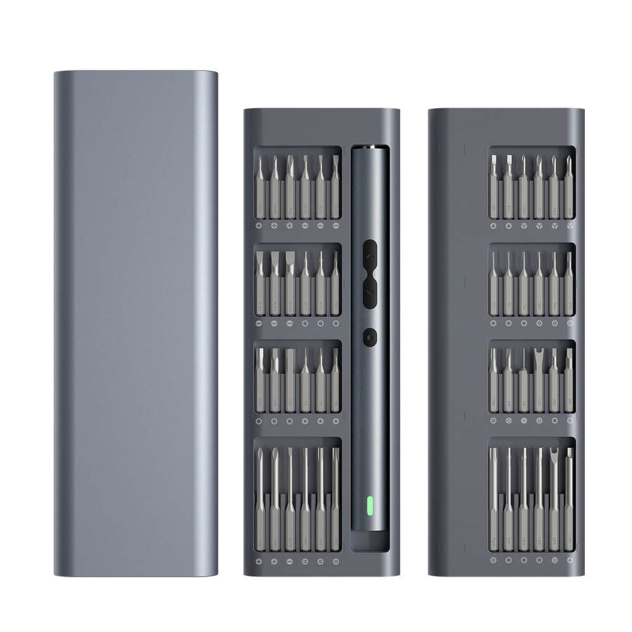 The pen-size electric screwdriver in its aluminum case, with 48 bits in two slide-out trays