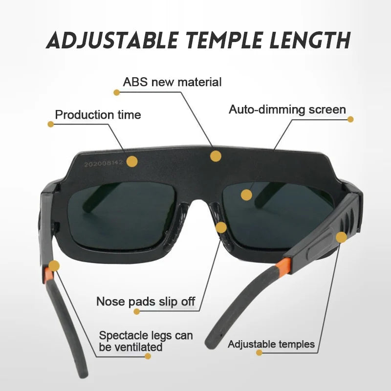 The parts named: auto-dimming screen, ABS frame, slip-off nose pads and adjustable temples
