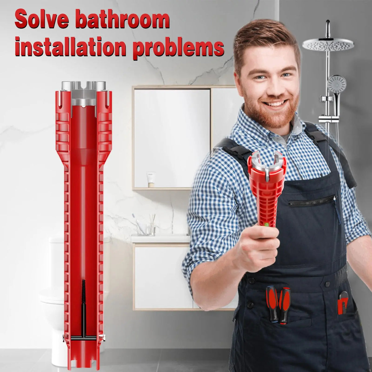 A plumber holding the wrench in a bathroom