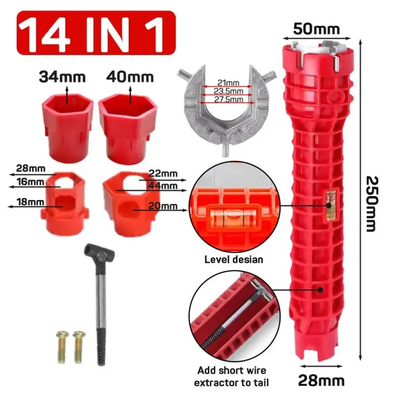 What is in the 14-in-1 kit: the wrench, two socket cups, two multi-size adapters, extractor and screws