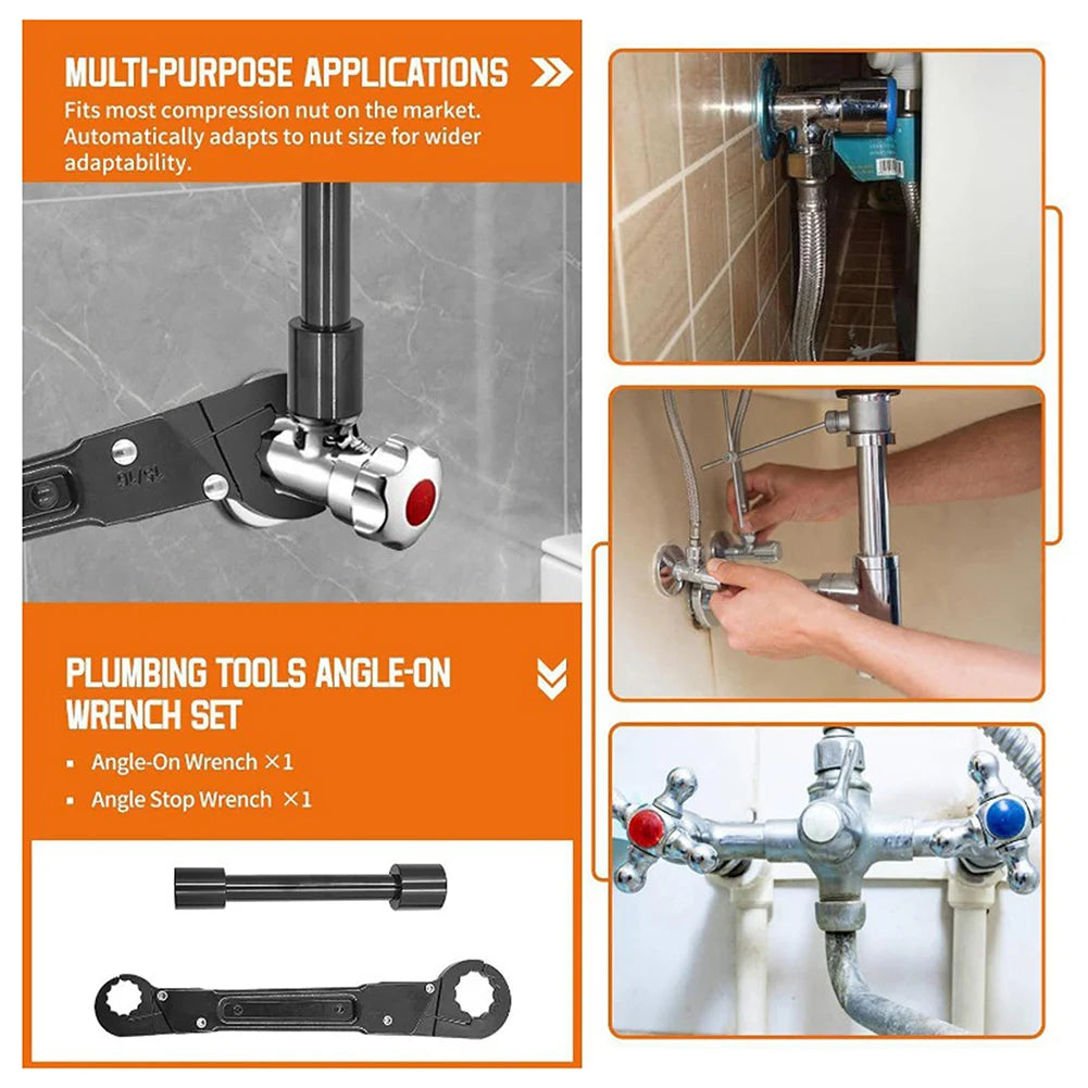 Where it is used, and what is in the set: one angle-on wrench and one angle stop wrench