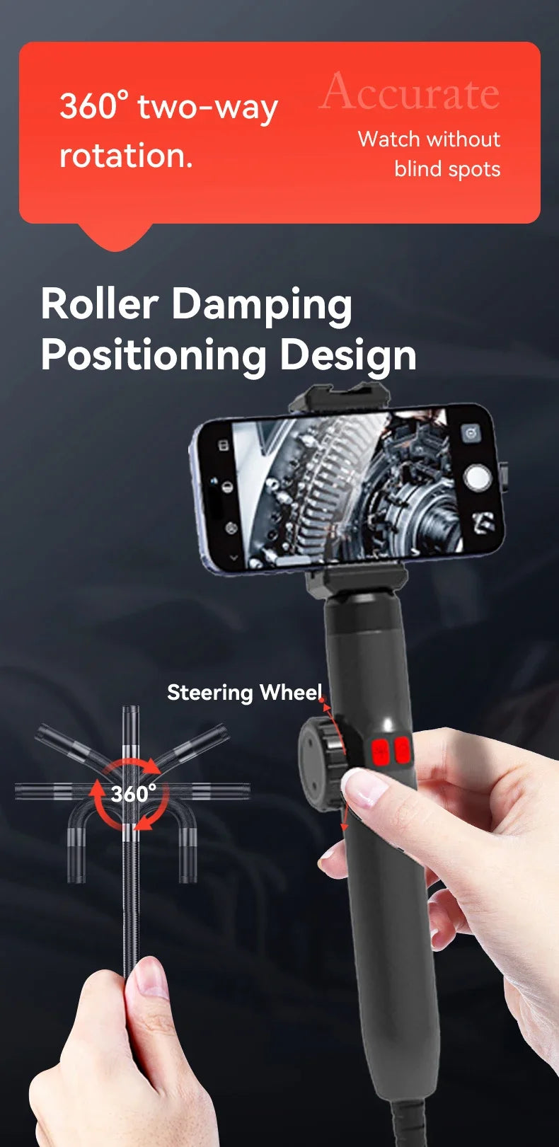 A thumb on the roller, with the diagram of the head bending 180° each way