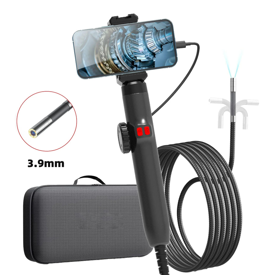 The 3.9 mm borescope with a phone clamped to the handle and the 1 m probe coiled beside it