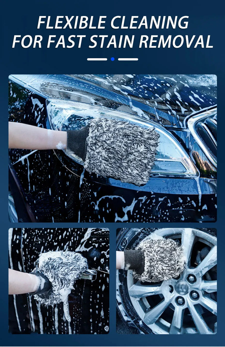 The wash mitt on a bumper, a headlight and a wheel