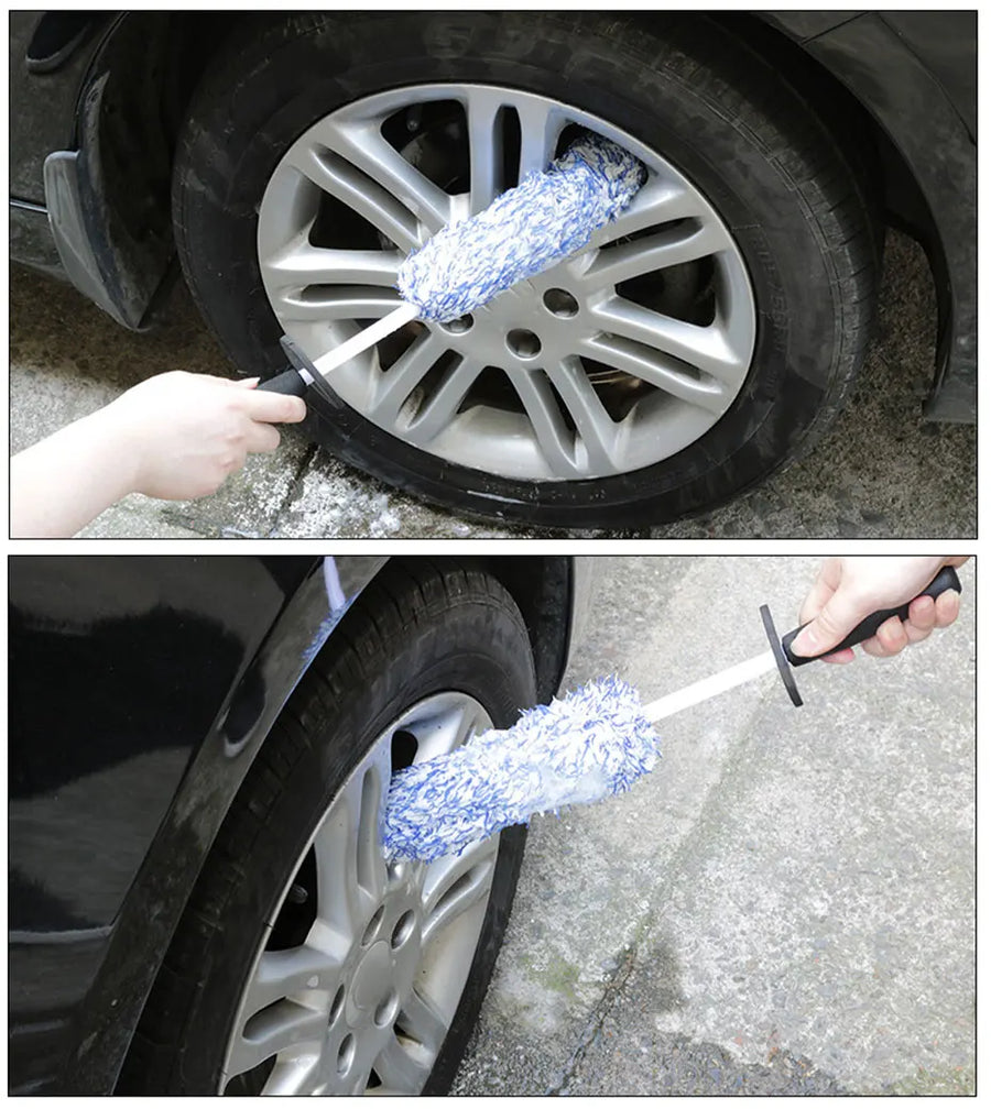 The blue wheel brush working around the face and through the spokes of a wheel