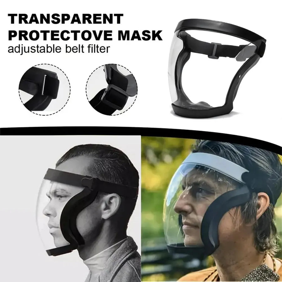 The shield worn in profile, with close-ups of the strap buckle and chin guard